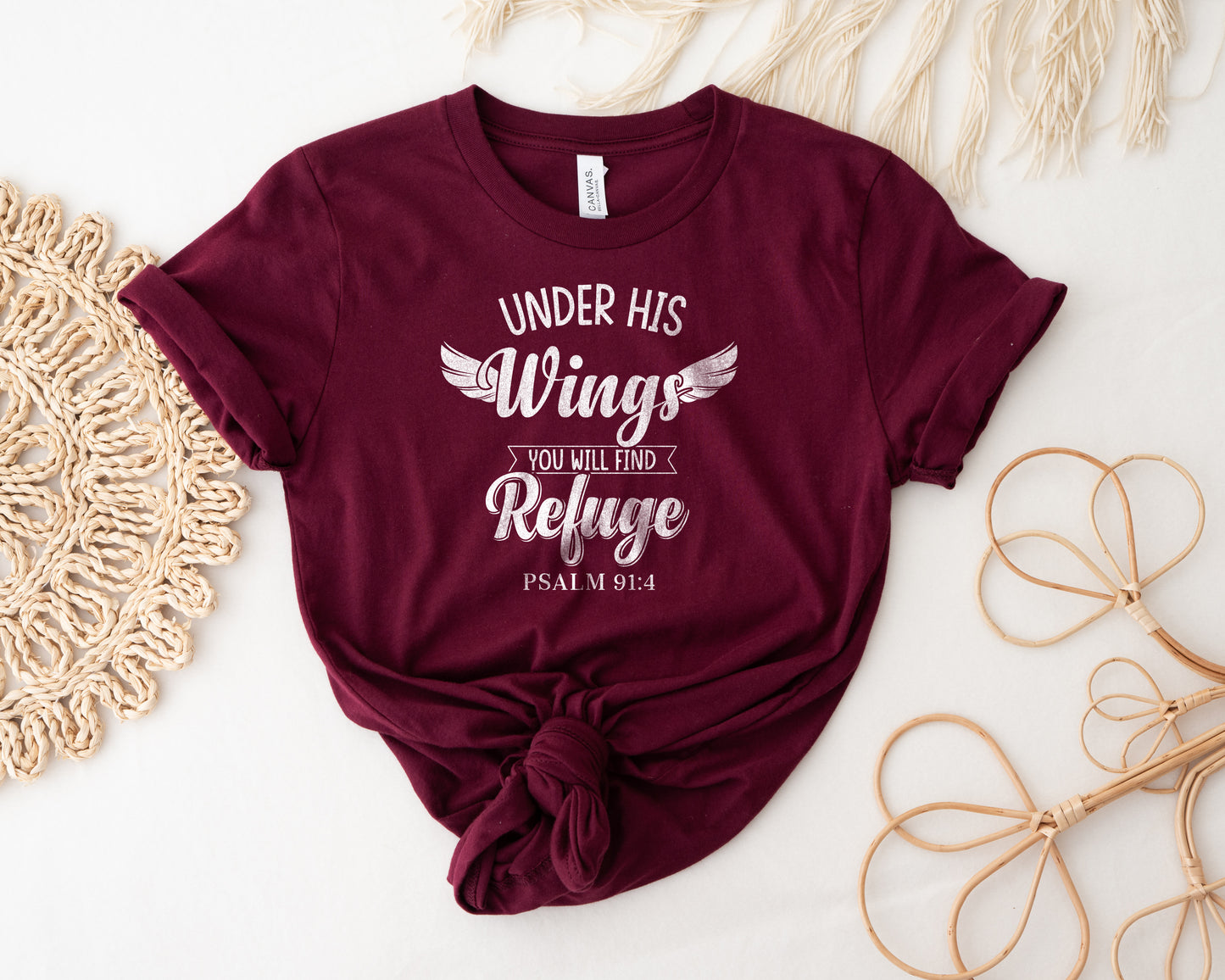 Under His wings you will find refuge shirt maroon